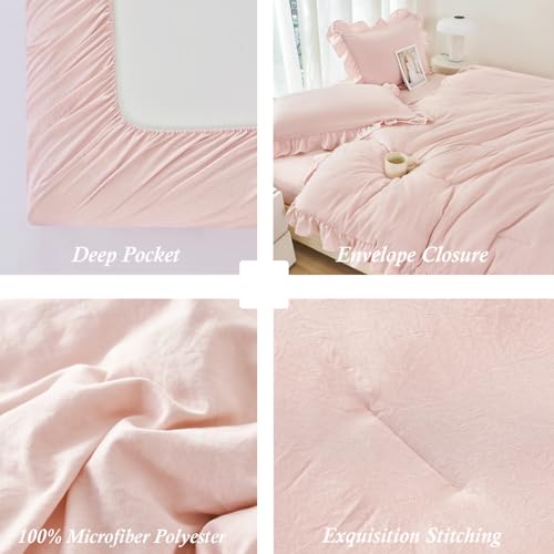 5 Pieces Blush Pink Ruffled Comforter Sets Full Farmhouse Bed in A Bag with Layer Ruffle Soft Lightweight Bedding Sets with Sheet Sets