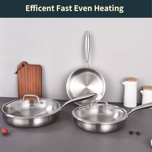 Tri ply Stainless Steel Frying Pan Set with Lid 8" 10" 12"
