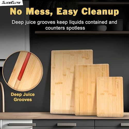 Bamboo Cutting Board Set of 3 Wooden Cutting Boards for Kitchen with Juice Grooves Side Handles Bamboo Chopping Boards for Meat Vegetables Fruit Bread Charcuterie Meal Prep Serving Tray Set (3 Count)