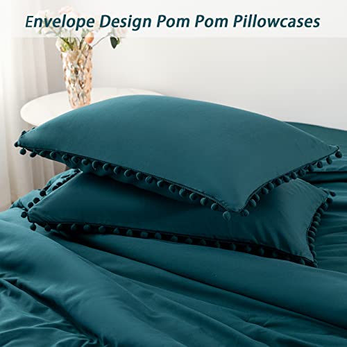 5 Pcs Boho Bed in a Bag Queen Teal Boho Chic Pom Pom Fringe Comforter for Girls Women Ultra Soft Lightweight Bedding with Sheet Set for All Season