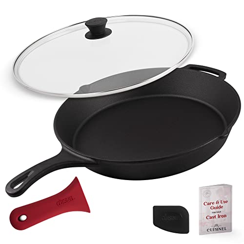 15" Cast Iron Skillet + Glass Lid Cover + Pan Scraper + Heat