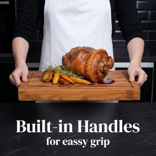 Large Teak Cutting Board 16" x 11" x 1.5" Thick Edge Grain Butcher Block for Meat & Kitchen Prep with Juice Groove and Handle
