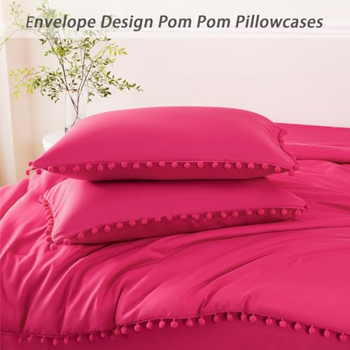 5 Piece Hot Pink Comforter Sets Twin Size Pom Pom Girls Bedding Set with Sheets Soft Aesthetic Boho Bed in a Bag Solid Bedding Comforter for All Season