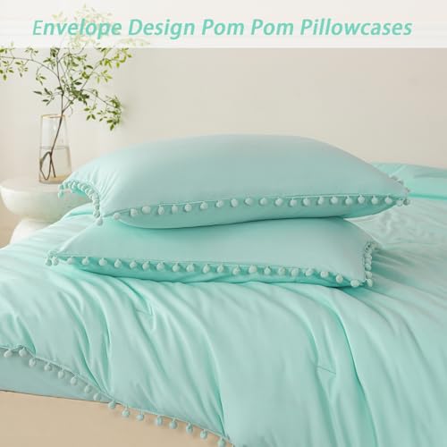 Mint Green Comforter Twin Size 5 Piece Bed in A Bag Set Boho Pom Pom Girls Bedding Comforter Set Soft Fluffy Kids Solid Bed Set with Sheet