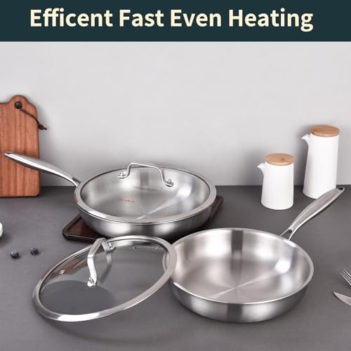 Tri ply Stainless Steel Frying Pan Set with Lid 8" 10"