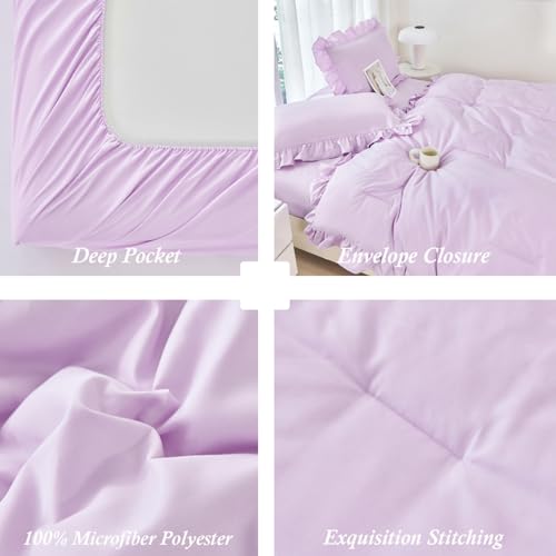 5 Pieces Purple Comforter Set Twin Lavender Ruffle Bed in A Bag with Sheet Sets Solid Color Farmhouse Bedding Sets Soft Microfiber Bed Sets for Girls Kids
