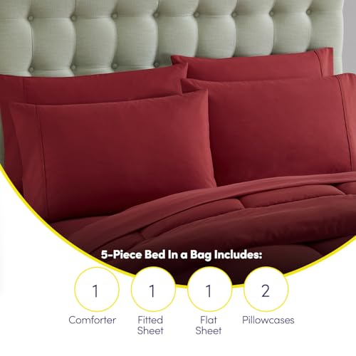 5 Piece Comforter Set Bag Solid Color All Season Soft Down Alternative Blanket & Luxurious Microfiber Bed Sheets