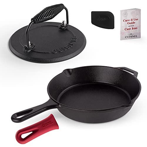 Cast Iron Skillet + Grill Press + Scraper Set