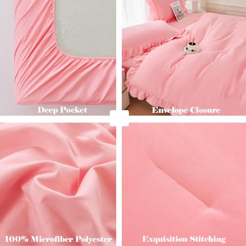 5 Pieces Ruffle Full Bed in A Bag Coral Pink Bedding Comforter Set