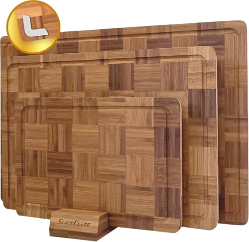 Extra Large Bamboo Cutting Board Set 3 Piece End Grain Wooden Chopping Boards with Holder Non Slip Feet Juice Groove XL Butcher Block Style Boards for Kitchen Carving and Serving