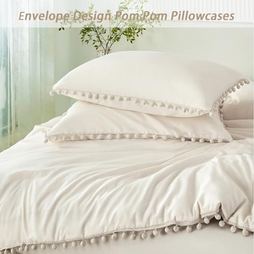 Queen Bed in A Bag Beige 5 Pieces Pom Pom Solid Girls Bedding Set with Sheets Aesthetic Boho Cream Bedding Comforter Set Soft Lightweight Fluffy Bed Set for All Season