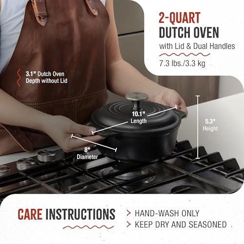 2 Quart Cast Iron Dutch Oven with Lid and Dual Handles