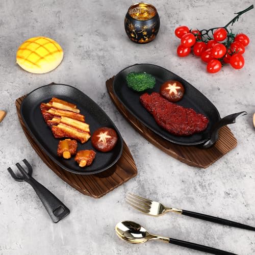 12 Pcs Oval Cast Iron Fajita Skillet Pan Set Small Sizzling Steak Plate with Wooden Base and Handle Cast Iron Fajita Skillet Sizzling Plate for Home Resturant (12 Count)