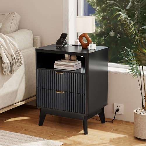 Fluted Nightstand with Charging Station