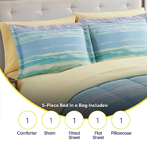5 Piece Comforter Set Bag Solid Color All Season Soft Down Alternative Blanket & Luxurious Microfiber Bed Sheets