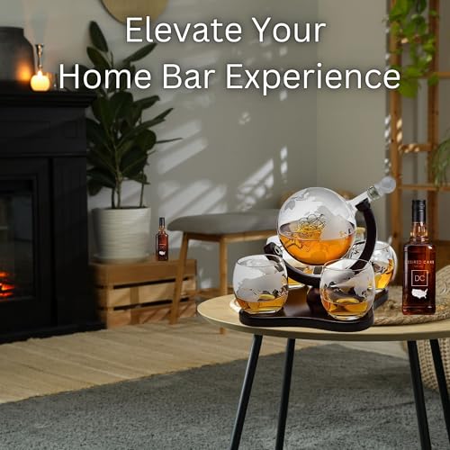 Whiskey Decanter Globe Set with 4 Etched Globe Whisky Glasses Gifts For Men Dad