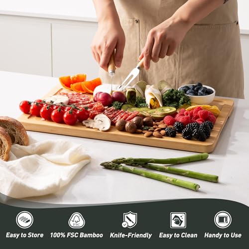 5 Packs Bamboo Cutting Board Set with Non Slip Feet Holder and Over Sink Nice Solid Thick Wood Juice Groove Chopping Board Small Big Xl XXl xlarge Oversized Kitchen Counter Organic Vegetable Meat Kit (5 Count)