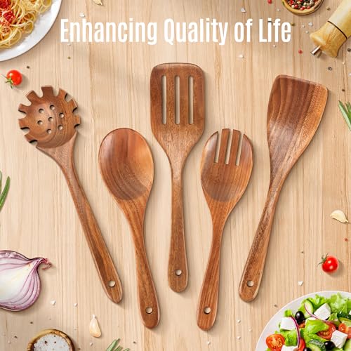 5 Pcs Natural Teak Wooden Spoons for Cooking (5 Count)