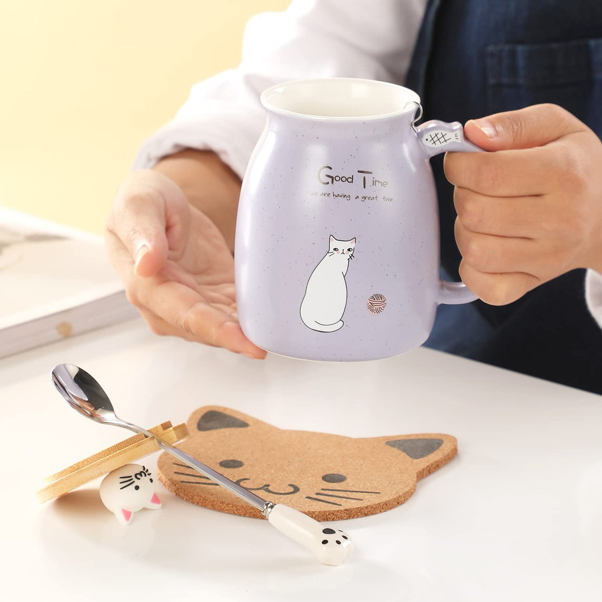 Cat Mug Kawaii Tea Cup with Infuser and Lid Purple Cat Ceramic Coffee Mug Cute Cool Preppy Stuff Birthday Gifts for Mom Gifts for Women Girlfriend Girls Cat Lover Gifts