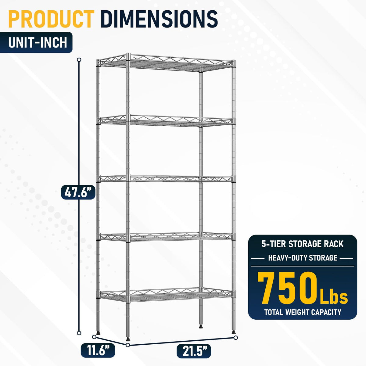 5 Tier 22L x 12W x 48H Pantry Shelves Adjustable Metal Shelves NSF Storage Rack Shelving Units for Kitchen Garage Small Places Commercial