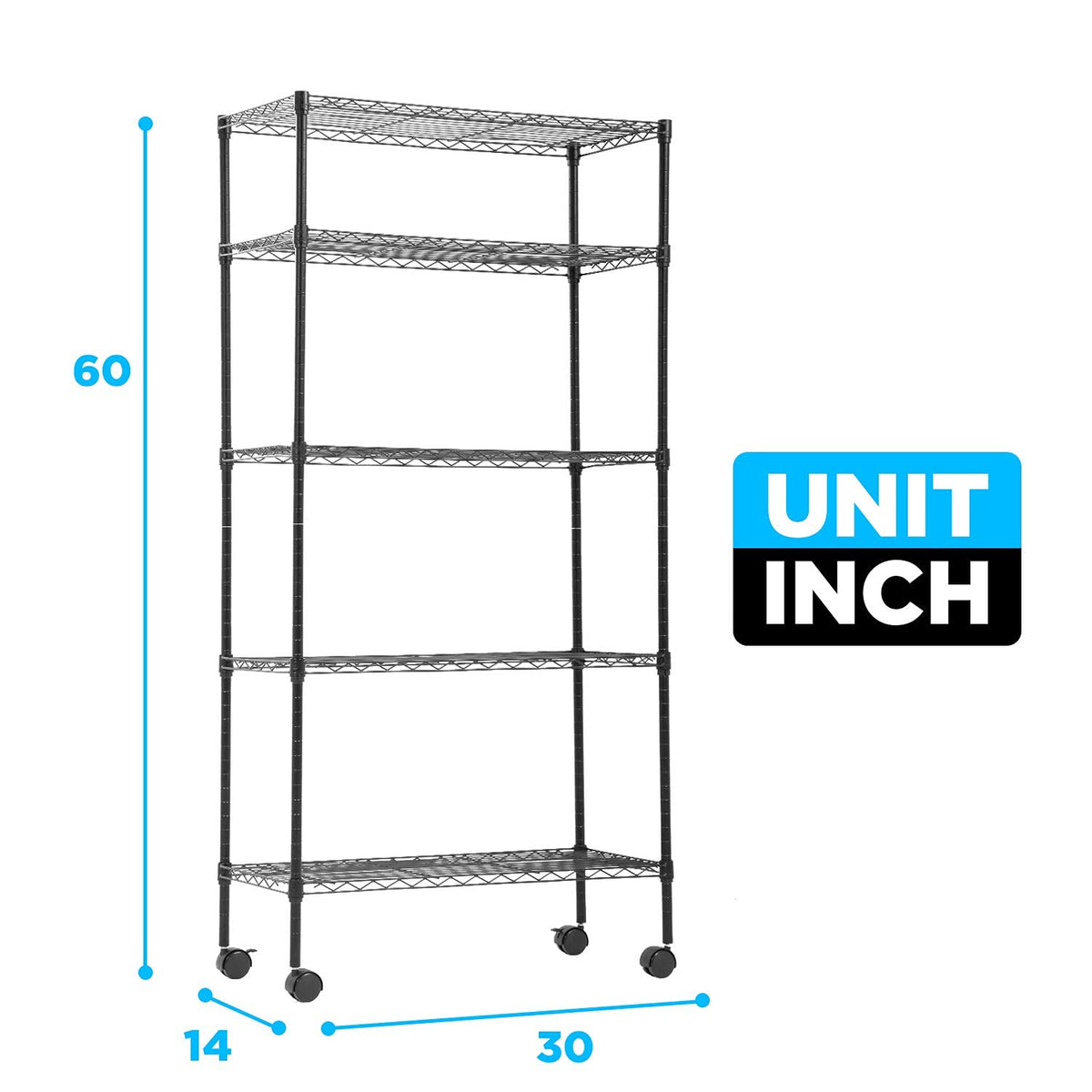 30" L×14" W×60" H Wire Shelving Unit Metal Shelf with 5 Tier Casters Adjustable Layer Rack Strong Steel for Restaurant Garage Pantry Kitchen Garage