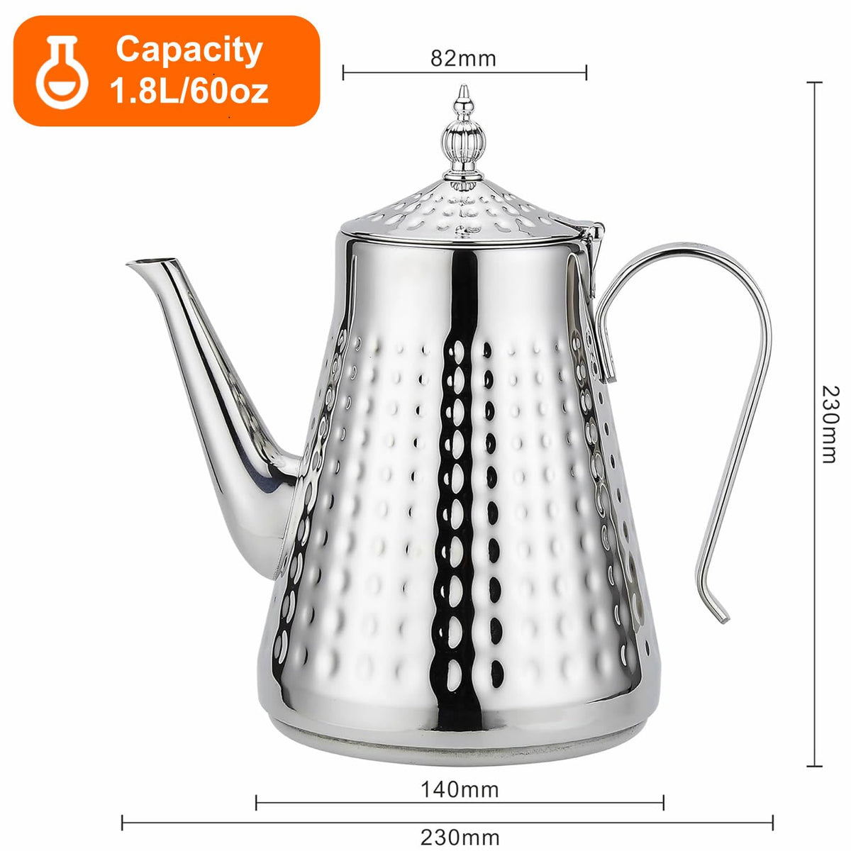 1.8L(60oz) Stainless Steel Hammer Patterned Teapot With Removeable Infuser,Loose leaf cover,Silver