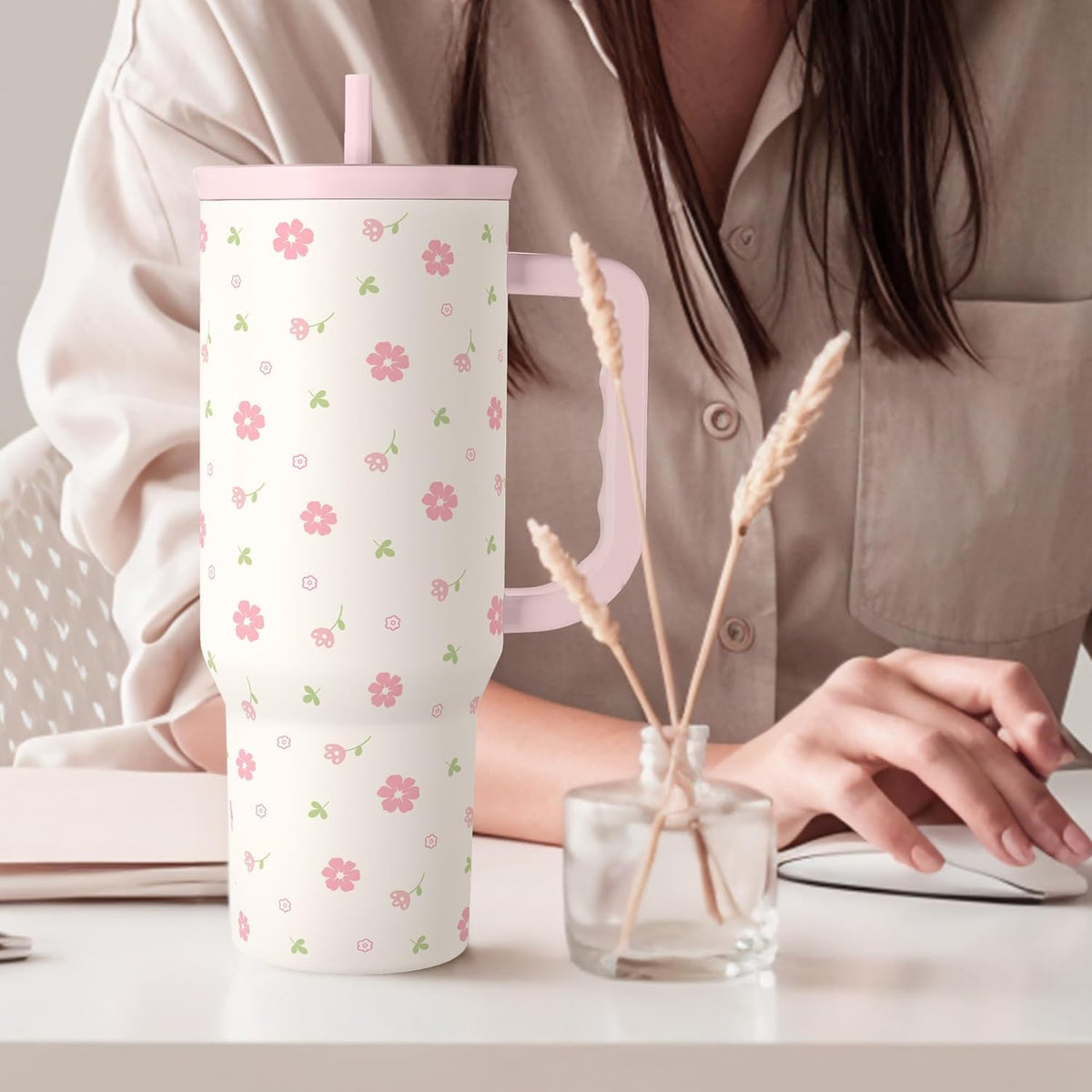 Floral 40oz Tumbler with Handle and Straw