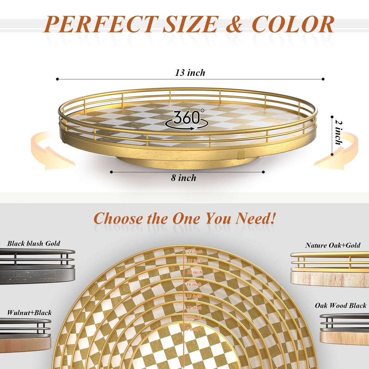 13 Inch Gold and White Checkerboard Lazy Susan with Rubberwood Base