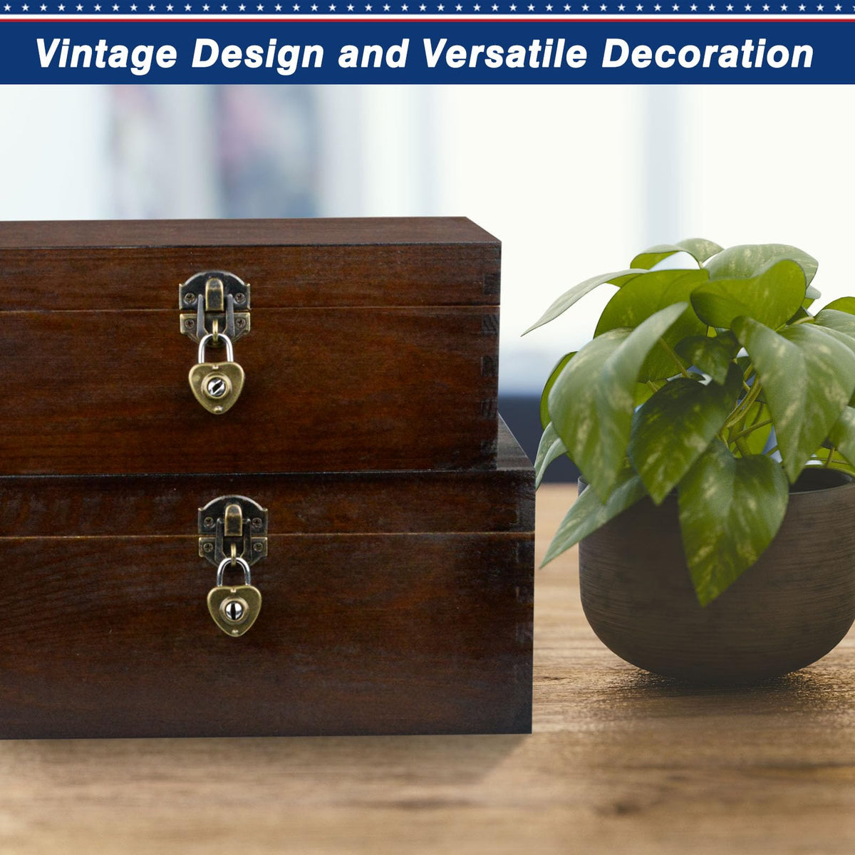 Wood Keepsake Boxes with Lock and Keys Handcrafted Decorative Wooden Storage Case Cabinet Container Hinged Lid Country Rustic Style Organizer for Trinkets Gift Card Collection Coffee Color 2 Pack (2 Count)