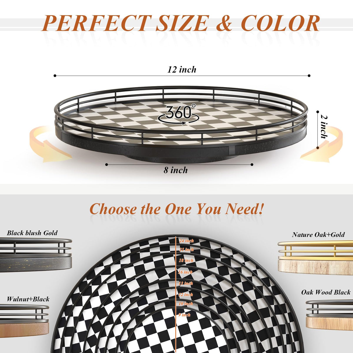 12 Inch Black and White Checkerboard Lazy Susan with Oak Wood Base
