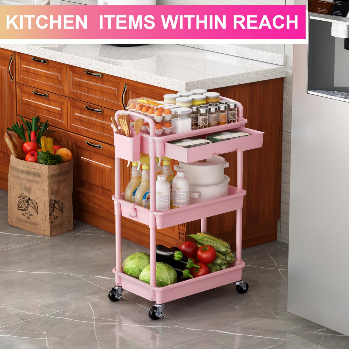 3 Tier Rolling Utility Cart Organizer with Removable Drawer