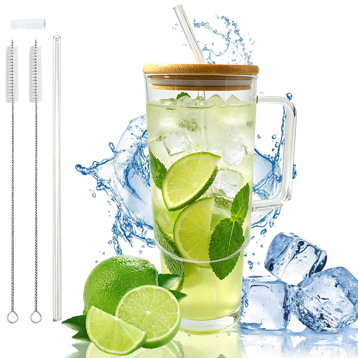 Glass Cup with Handle 49oz Tumbler with Straw and Lid