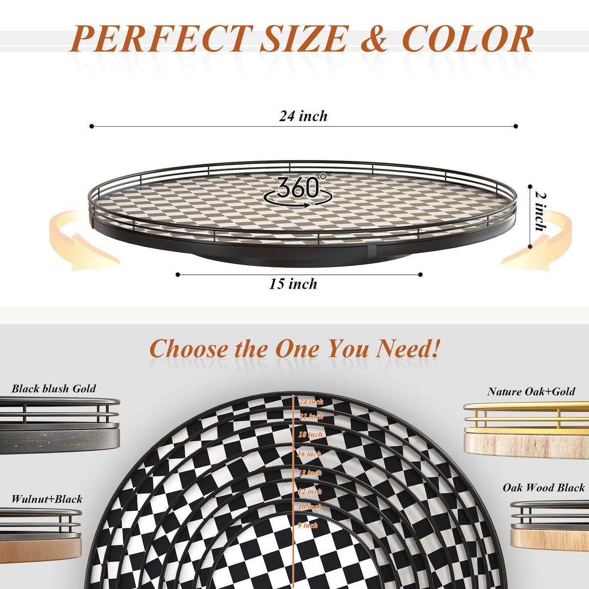 24 Inch Black and White Checkerboard Lazy Susan Decorative Tray