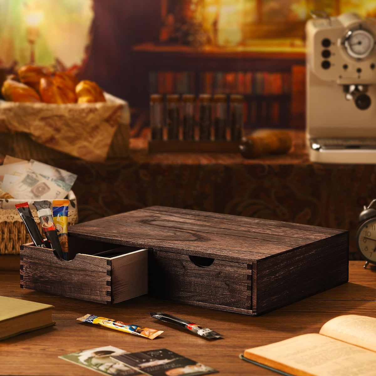Wooden Coffee Pod Storage Drawer Cabinet Vintage Tea Organizer Holder with Drawers Coffee Cup & Accessory Storage for Home Office Brewers