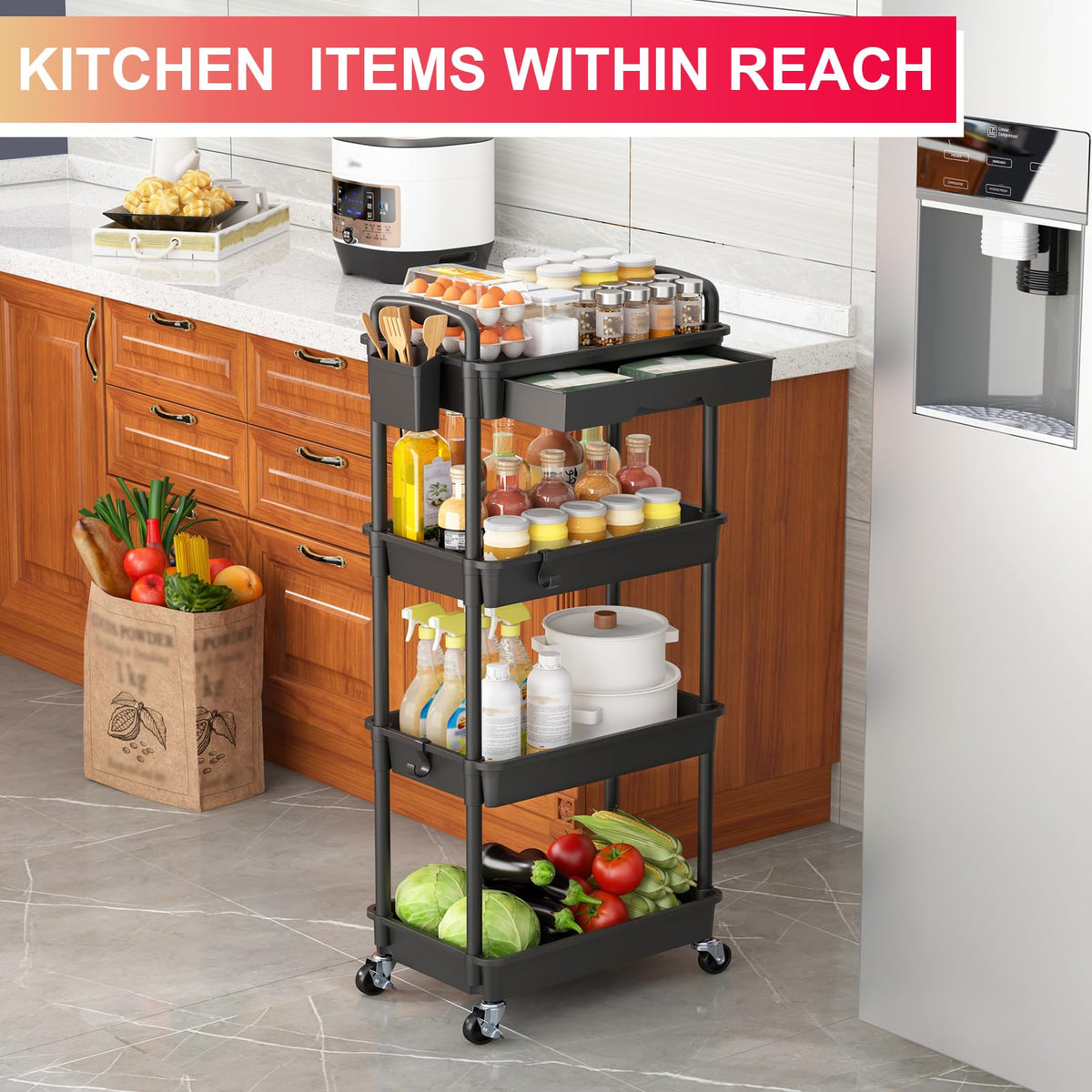 4 Tier Rolling Utility Cart Organizer with Removable Drawer