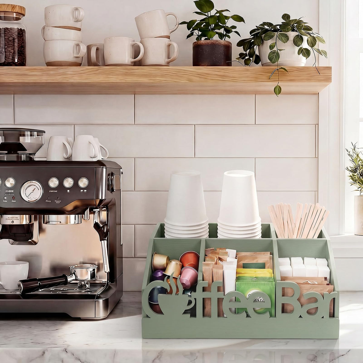 Coffee Station Organizer for Counter Wood Countertop Accessories Organizer Coffee Pods Holder Storage Basket for Pods Condiment Syrup Tea Cups Stirrers for Rustic Bar Decoration