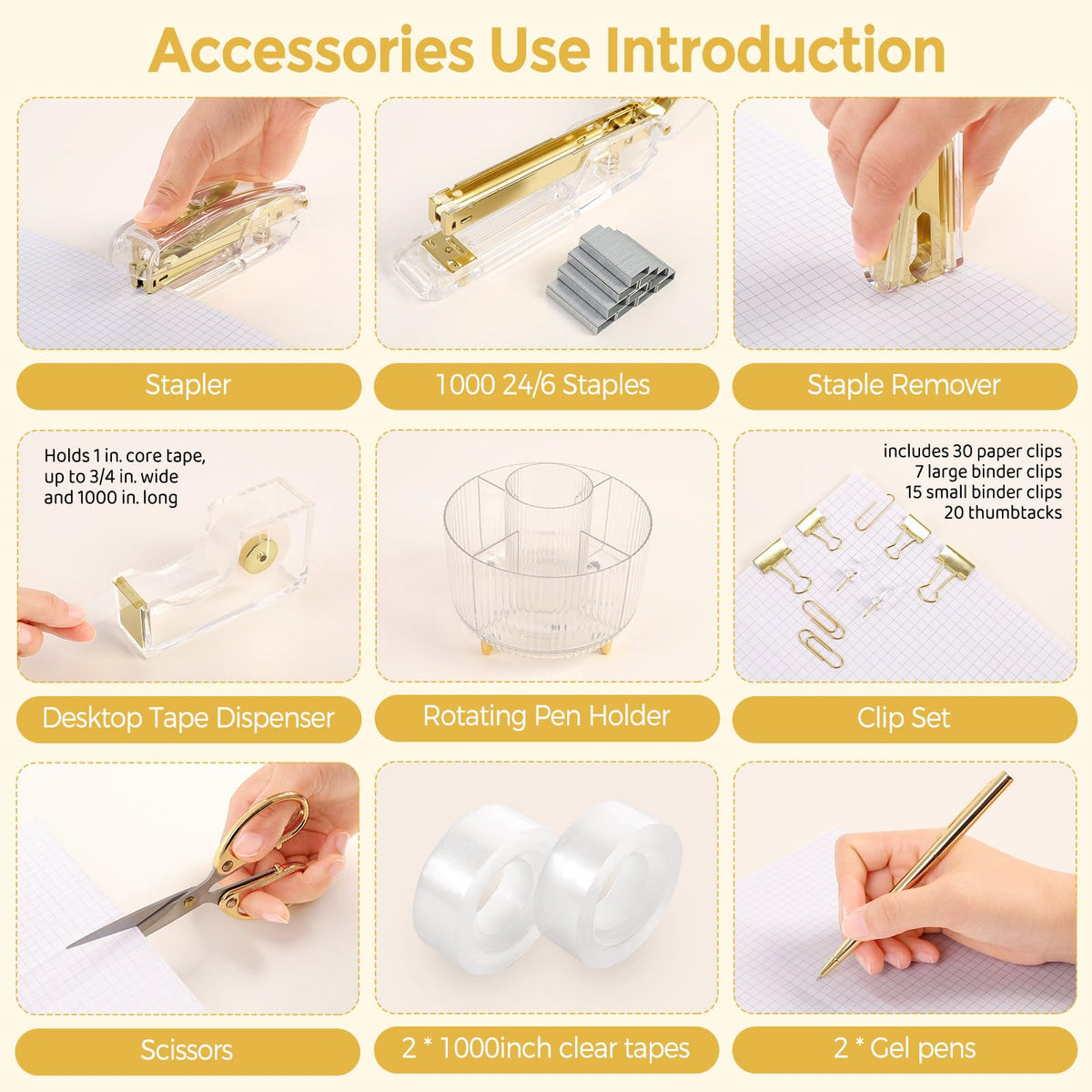 Gold Office Supplies Set with Pencil Holder for Desk