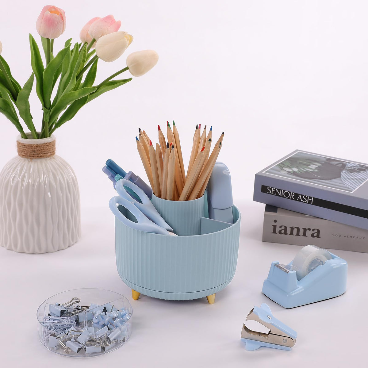 Blue Desk Accessories 11Pcs with Rotating Pen Holder for Desk