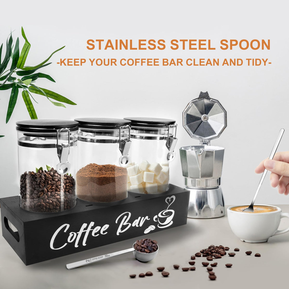 Glass Coffee Containers with Shelf Coffee Station Organizer 54oz Black Glass Coffees Bean Storage Canister with Spoon Coffee Canister Set Kitchen Food Storage Jars for Coffee (7 Count)