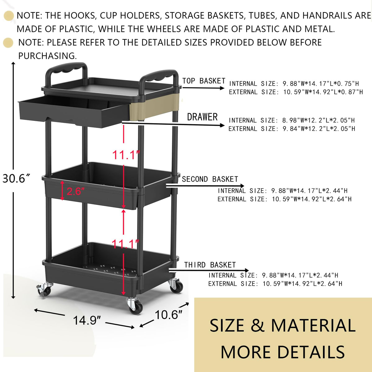 3 Tier Rolling Utility Cart Organizer with Removable Drawer