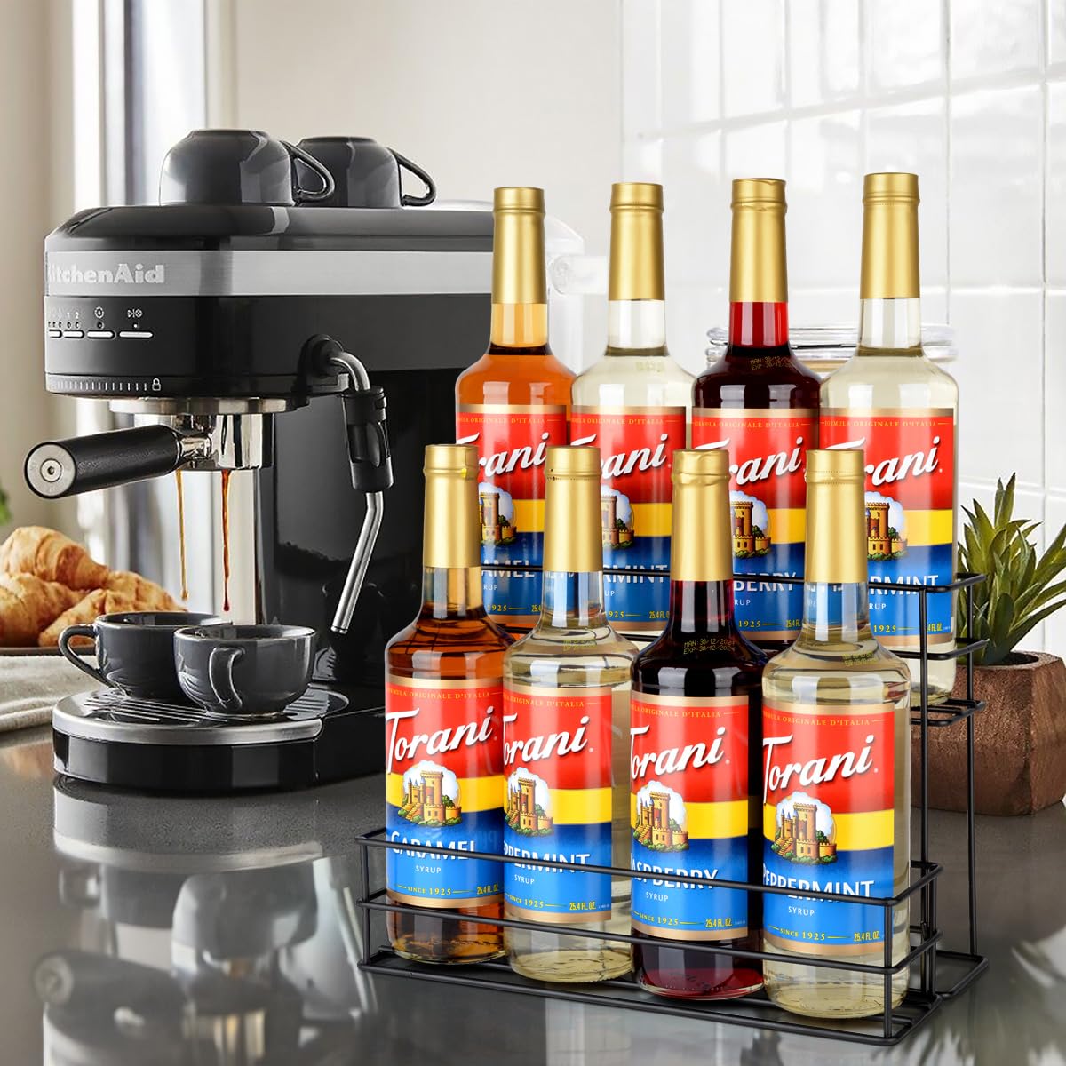 8 Bottle Capacity Coffee Syrup Organizer 2 Tier Coffee Syrup Stand Shelf for Coffee Bar Kitchen Small Wine Rack for Bar Family Storage for Syrup Wine Dressing