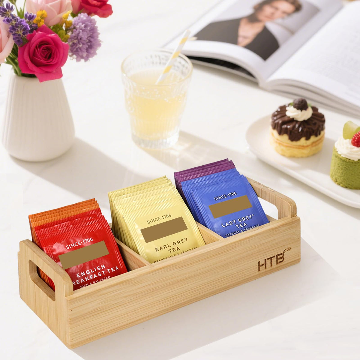 Small Bamboo Tea Bag Holder Pack of 2 with 3 Compartments