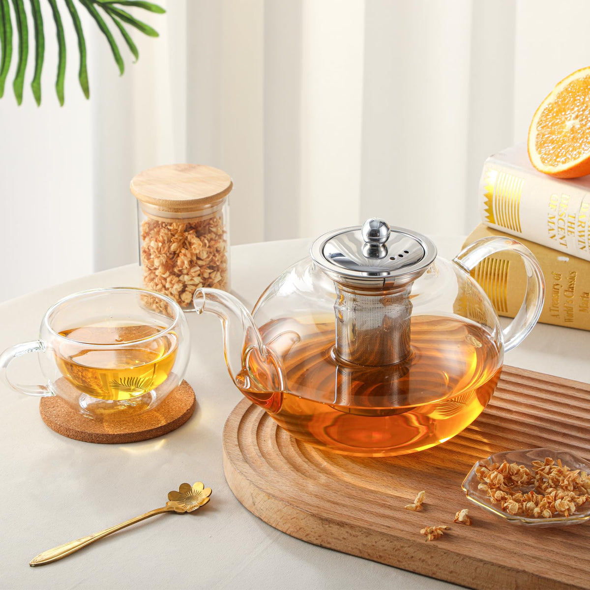 50OZ 1500ML Glass Teapot with Stainless Steel Removable Infuser & Lid