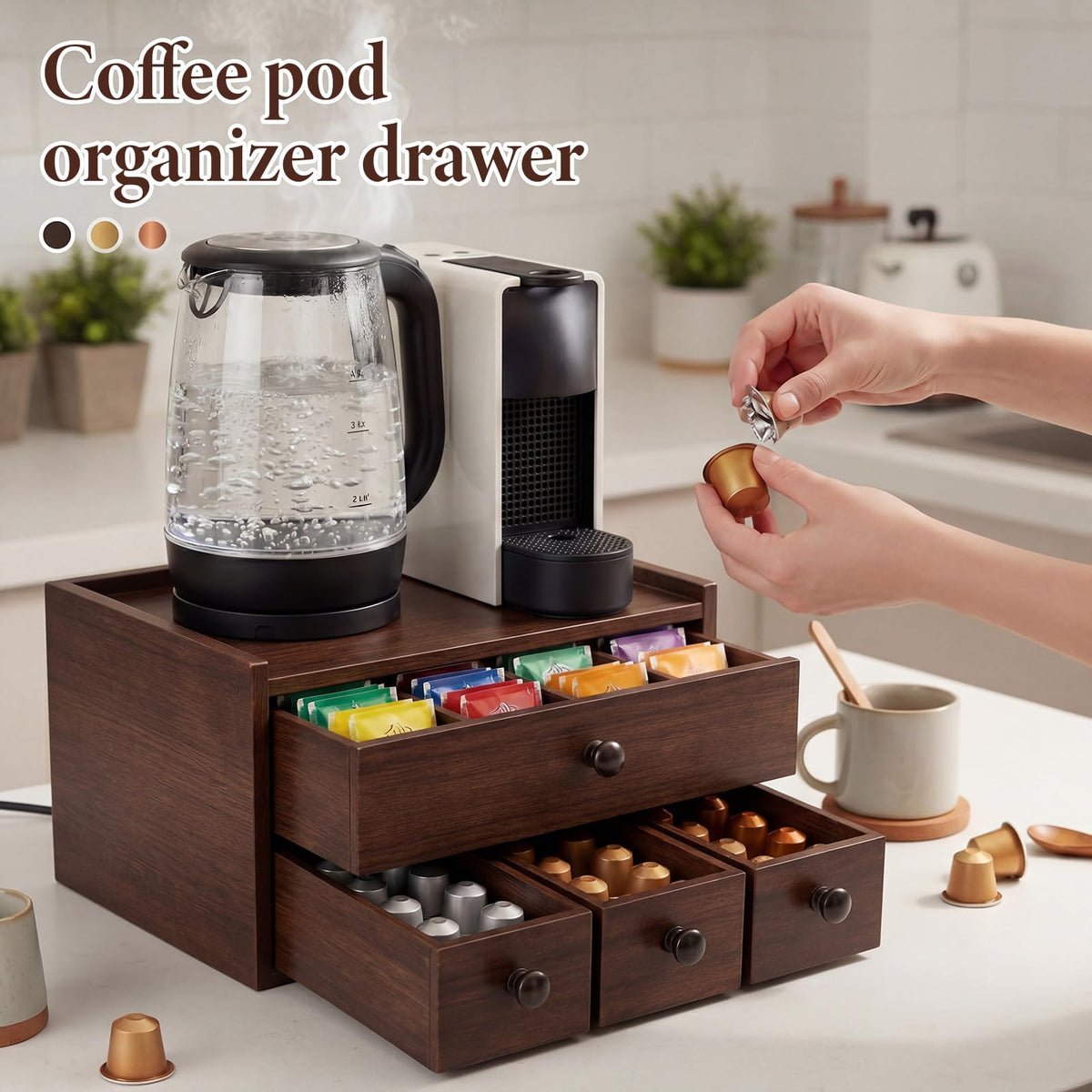Wooden Tea Box Organizer with Drawer Wooden Coffee Pod Organizer Tea and Coffee Storage Box Double Layer for Countertop Display Cup Drawer Storage Under Brewer