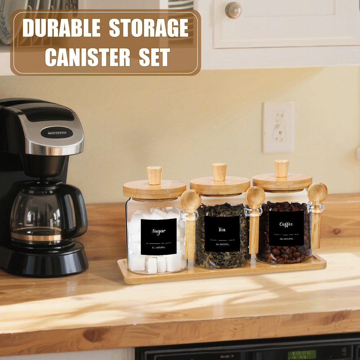 3 Pcs Glass Coffee Container with Wooden Lid Spoon Shelf Labels Clear Airtight Jar Food Storage Canister Set for Sugar Spice Coffee Bean Holder Housewarming Gift (3 Count)