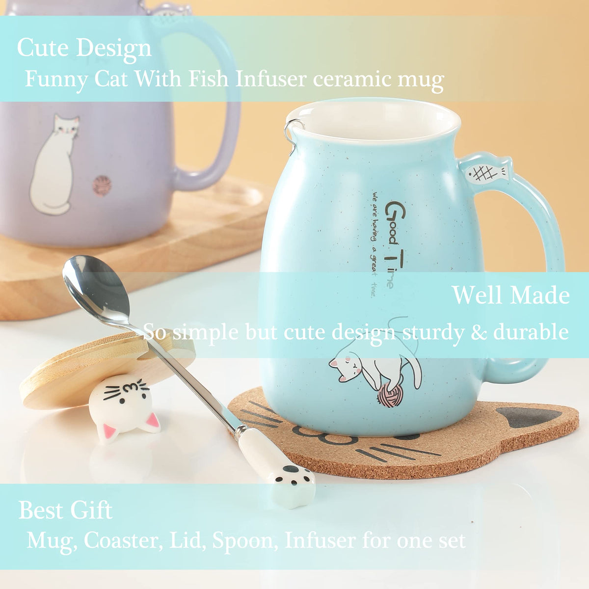 Cute Mugs Kawaii Cat Mug Ceramic Coffee Mug Tea Cup with Infuser and Lid Spoon Tea Mug Cute Cool Preppy Stuff Gifts for Women