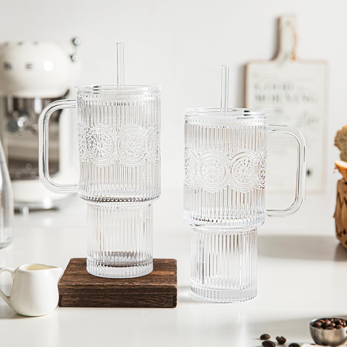 24 oz Ribbed & Floral Glass Tumblers with Handle and Lid