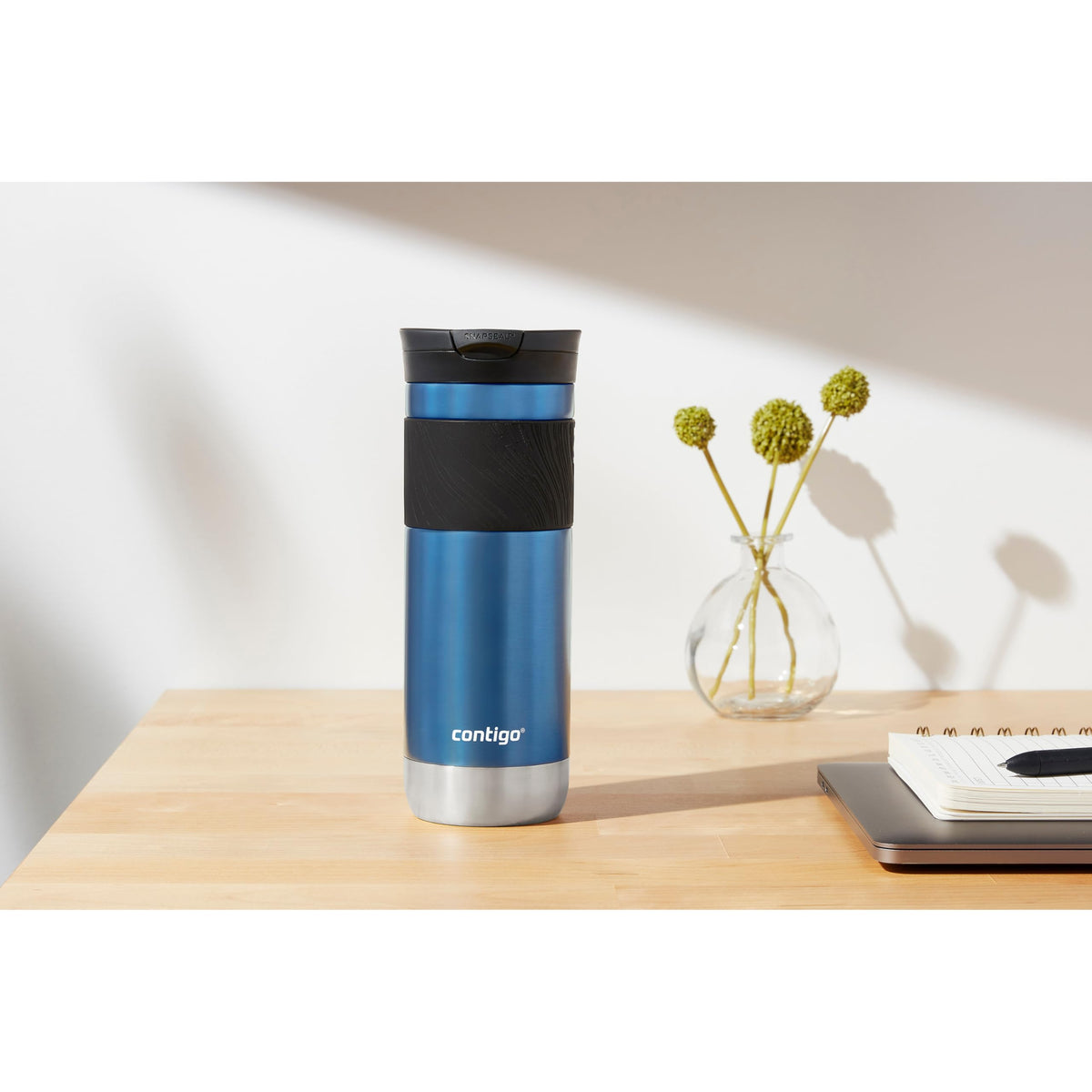 SNAPSEAL Insulated Stainless Steel Travel Mug with Grip 20oz. Blue Corn Transparent Satin & Midnight Berry (2 Count)
