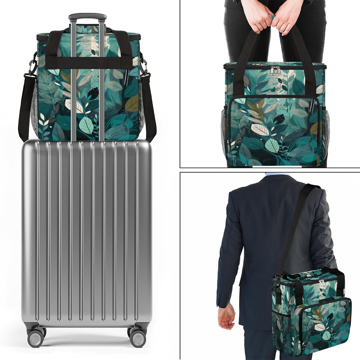 Turquoise Teal Leaves Coffee Maker Carring Bag Travel Carrying Storage Tote Bag Compatible with Keurig K