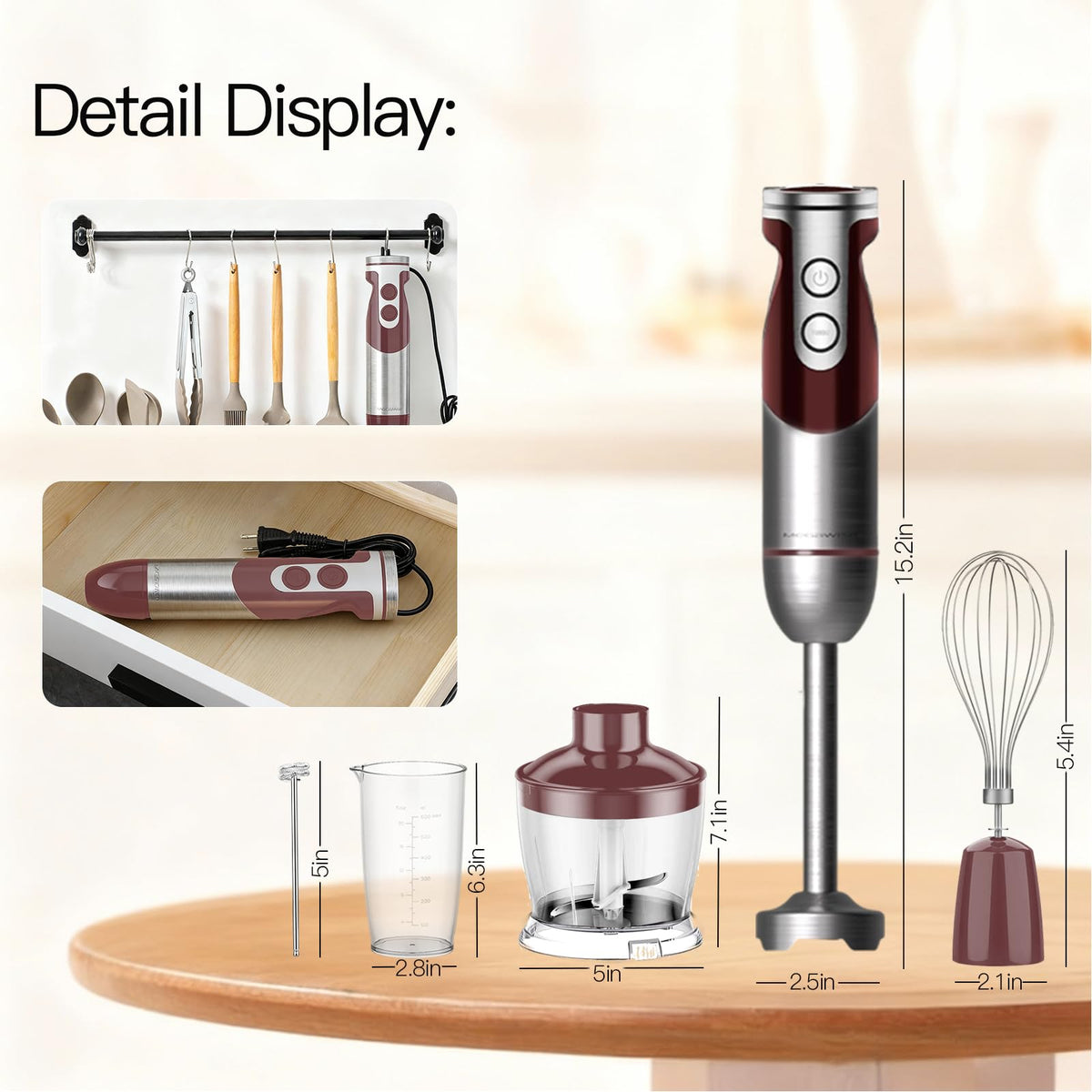 5-in-1 Hand Blender Set with Variable Speed Control, 400W Immersion Blender - Includes Whisk, Milk Frother, Chopper, and Beaker for Smoothies, Soups, and Baby Food (RED)